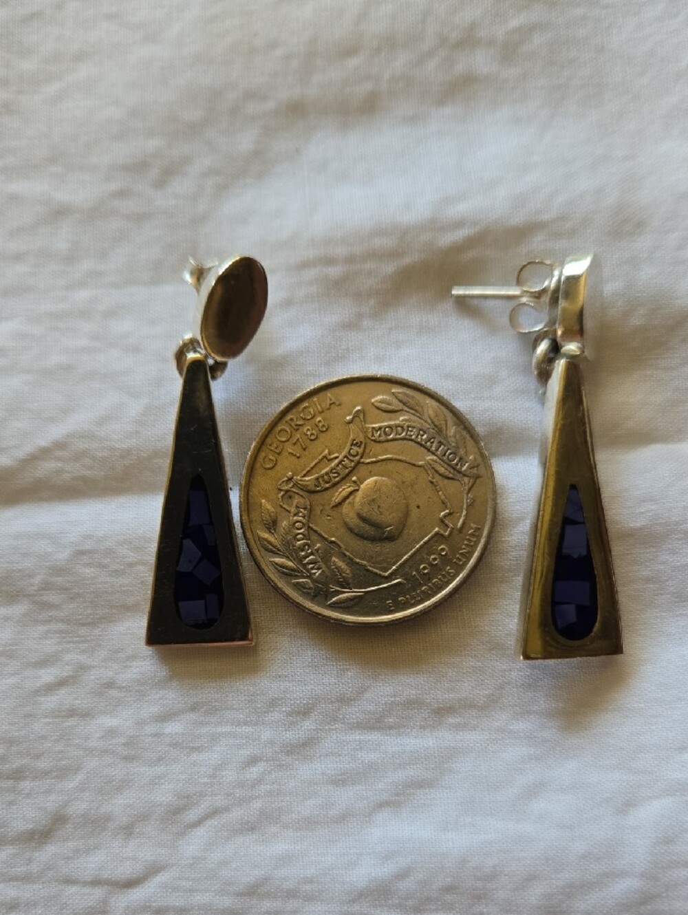 Sterling Silver Blue Inlay Geometric Drop Earrings - Picture 2 of 5